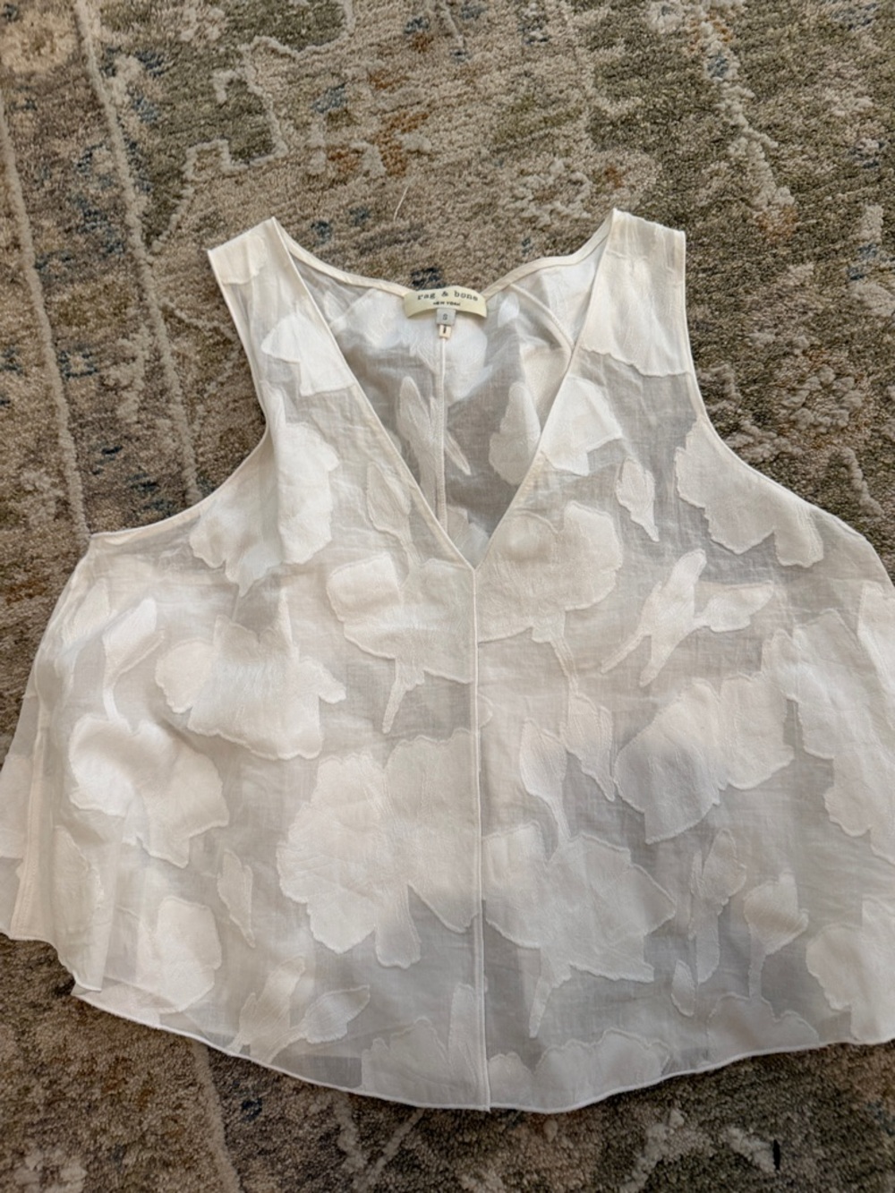rag & bone White Sheer Floral Appliqué V-Neck Tank